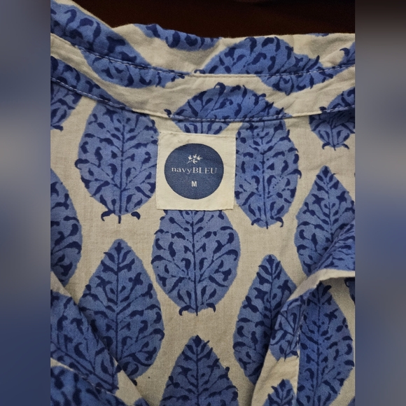 NavyBleu Blue and White Leaf Print Shirt Dress Made In India Medium - Picture 3 of 4